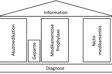 Illustration der drei Säulen der Kopfschmerztherapie als Haus: Fundament Diagnose, Dach Information, linke Säule Akutmedikation, mittlere Säule medikamentöse Prophylaxe, rechte Säule nicht-medikamentös, Konzept für effektive Behandlung von Kopfschmerzen